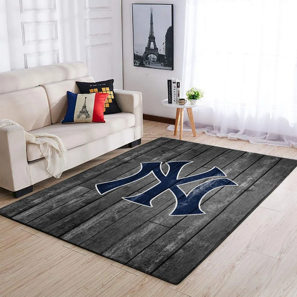 Wooden Pattern Rug with Large Stylish Logo Design Blue and Gray