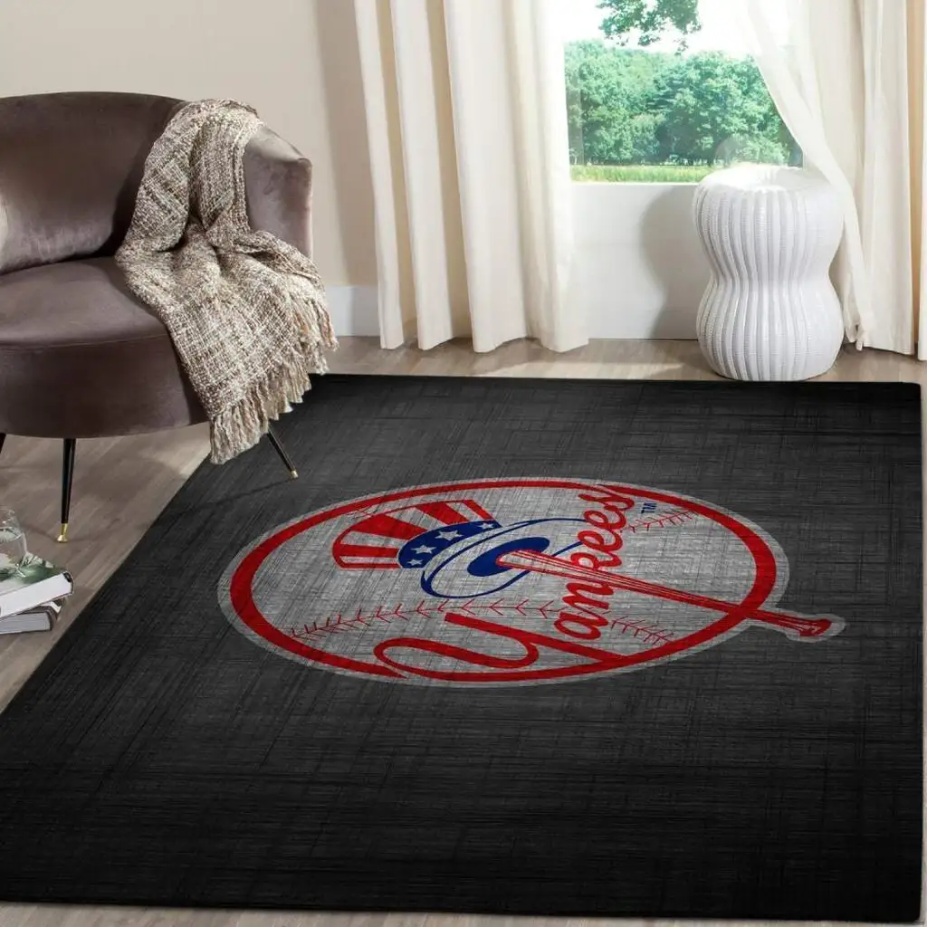 Yankees Baseball Logo Rug for Living Room Decor Black and Red