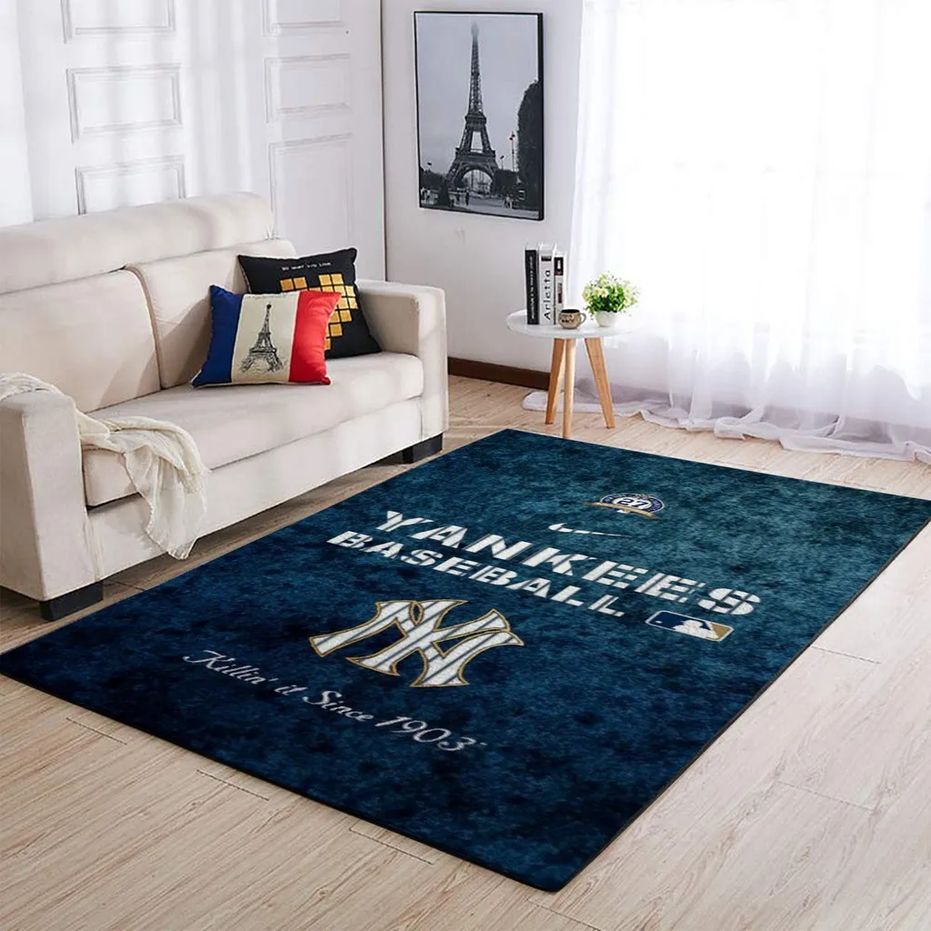 Yankees Baseball Themed Area Rug for Home Decor Blue and White