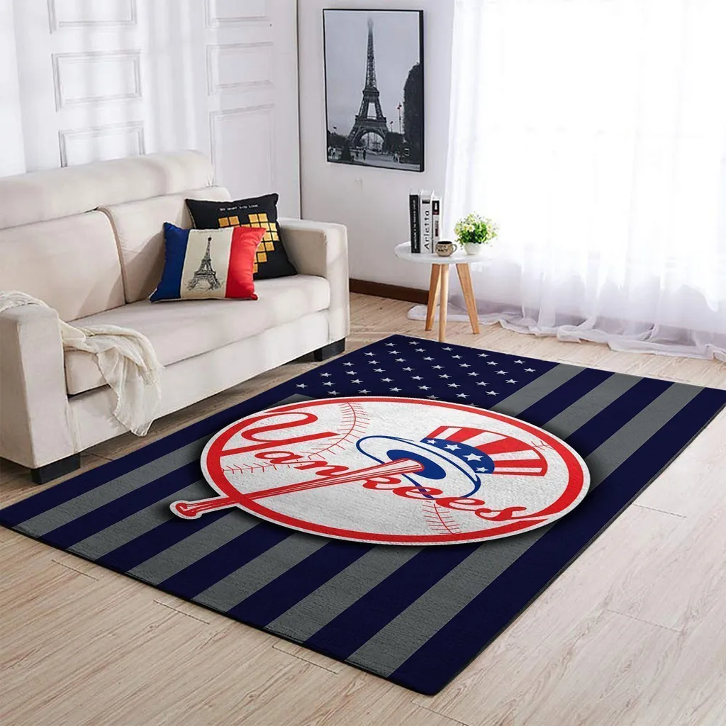 Yankees Baseball Themed Area Rug for Living Room Blue and Gray