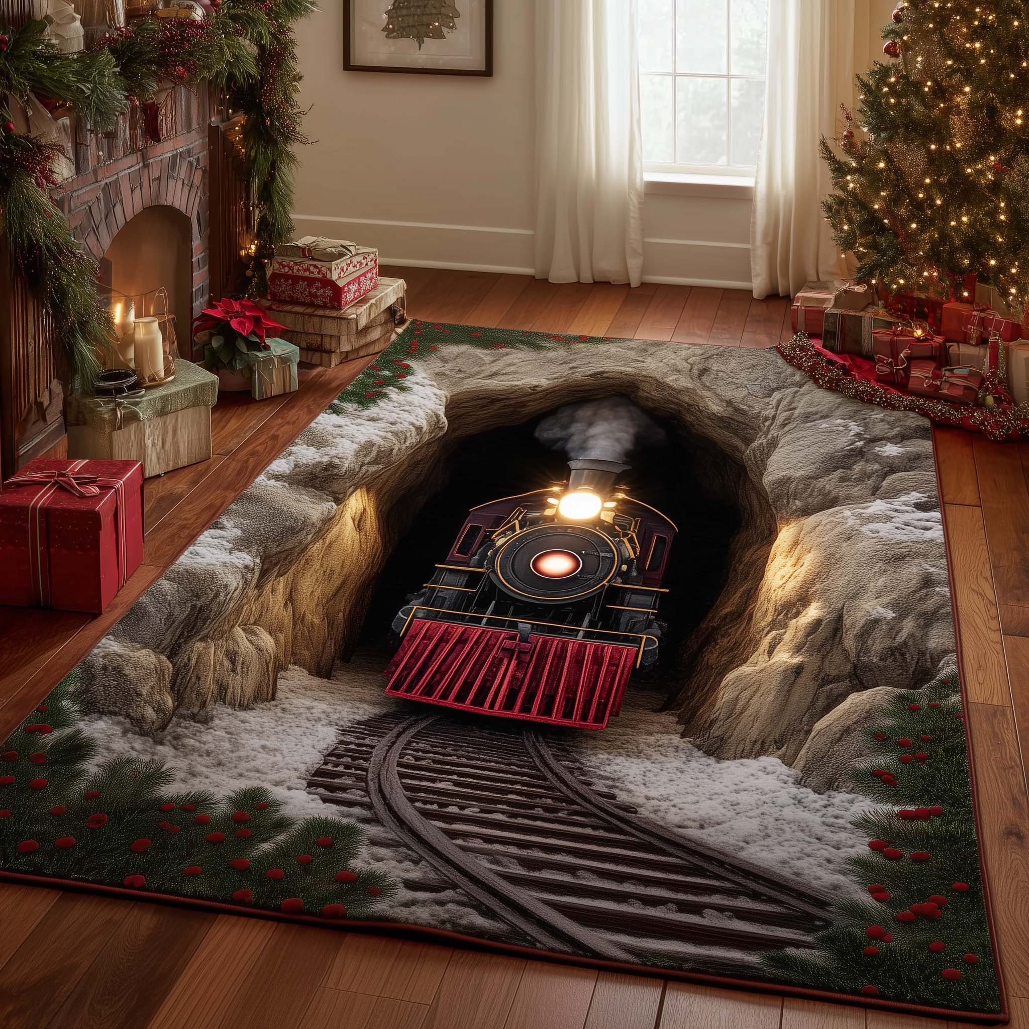 Yuletide Express Christmas Area Rug - Non-Slip Washable 3D Print Rug for Living Room & BedroomTVC2108218