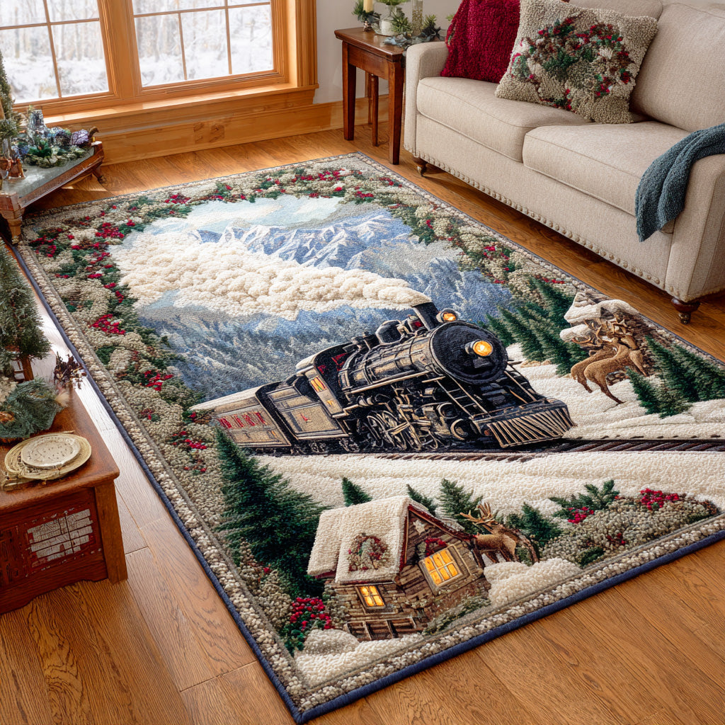 Yuletide Locomotive Christmas Area Rug - Non-Slip Washable 3D Print Rug for Living Room & BedroomTVC2108240